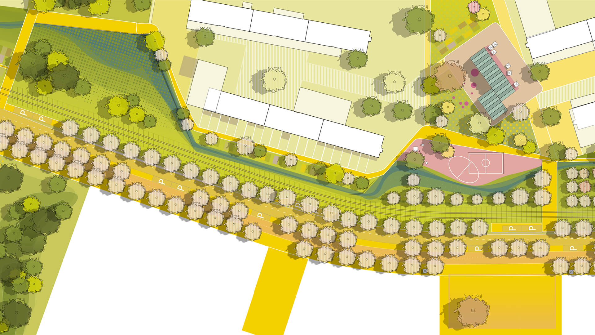 Der Parkway (Ringstraße) erschließt den Stadtteil PHV und ist – mit  Regenwasserbewirtschaftung, Freiräumen und viel Grün – seine Lebensader.  © Ramboll | Studio Dreiseitl